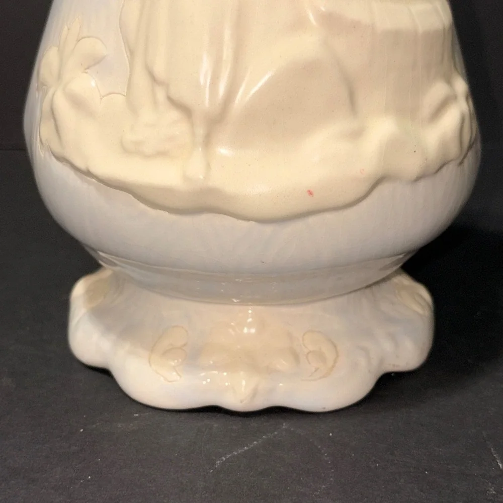 1987 Mary Ellen Ceramic Vase Woman at Well Relief Double Handle Cream 10